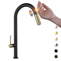 Robinet de cuisine intelligent à commande tactile, monocommande, noir mat et or, en acier inoxydable, à poser sur comptoir, avec douchette extractible