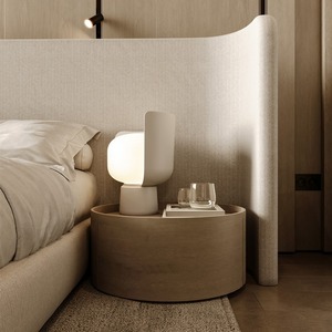 Lit rembourré minimaliste avec tête de lit large à ailes, taille King Queen, cadre de lit plateforme en tissu lin, style Japandi scandinave, OEM - Product Image 4