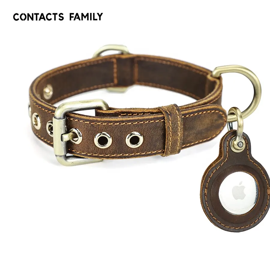 Personalized Dog Airtag Case Collar Comfortable Genuine Leather Tan Dog Collar