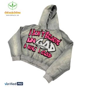 OEM & ODM Tùy Chỉnh Đồ Họa Dtg In Cổ Điển Mặt Trời Phai Unisex Quá Khổ Rửa Axit Phụ Nữ Người Đàn Ông Của Áo Nỉ Đau Khổ Dây Kéo Hoodies - Product Image 1