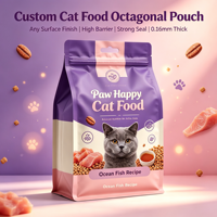 Sachet alimentaire pour chat à fond plat, imprimé sur mesure, à huit soudures latérales, avec fermeture éclair, haute barrière, en feuille d'aluminium, avec trou de suspension Euro, 1kg 5kg.