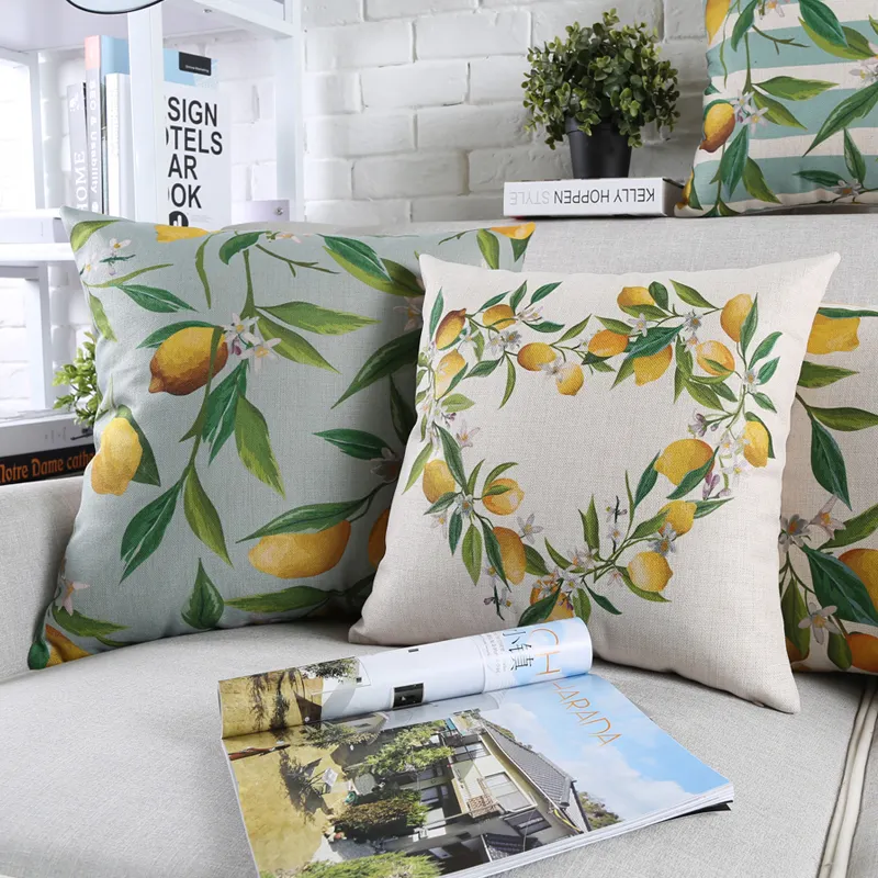 Hot Selling Fresh Lemon Cushion Cover Green Plant Sofa Decorative Throw Pillow Cover Nordic otanical Pillow Case