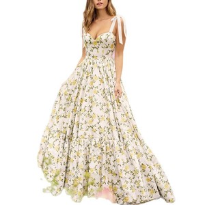 Vestido Largo con Cuello en V y Cintura Imperio, Estampado Floral, Amarillo, Poliéster, para Fiesta o Casual - Product Image 5