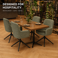 Fauteuil de salle à manger, tissu vert sauge, tissage texturé bouclé, base araignée, table ronde en bois pour café, restaurant et hôtel
