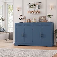 Buffet de cuisine bleu haut avec 4 tiroirs, grand meuble de bar à café, table de buffet moderne pour salle à manger et salon