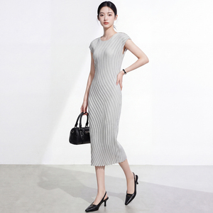 Vestidos Elegantes Vintage de Alta Gama para Mujer, Asimétricos, con Manga Casquillo, Diseño Miyake, Pliegues Irregulares, Cintura Natural, Largo hasta la Rodilla - Product Image 3
