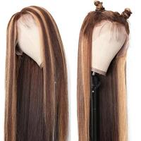 MODERN SHOW Perruques en cheveux humains colorées marron avec mèches, Perruque Lace Front Ombrée Lisse, Perruques en cheveux humains avec mèches