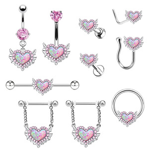 Anillos de ombligo rosas para mujer, clip de nariz con corazón de ópalo, piercing labret para labio, arete de tornillo para hélice, piercing de cartílago y concha - Product Image 1