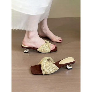 Elegant Square Toe Heeled <b>Sandals</b> With Knitted Bow Suede Upper Low Block Heel Summer Women Shoes Drop Shipping - Product Image 2