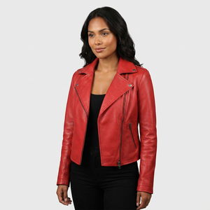 Chaqueta Bomber Vintage Unisex de Moda, Roja, de Cuero Genuino Recubierto, Corte Holgado, Cierre Asimétrico, Cuello Mao, Forrada, para Invierno - Product Image 1