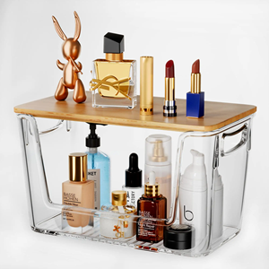 Rõ ràng Pet nhựa hình chữ nhật lưu trữ thùng có nắp đậy và xử lý mở phía trước nhà bếp tổ chức Stackable Thùng rác Túi Dispenser chủ - Product Image 3