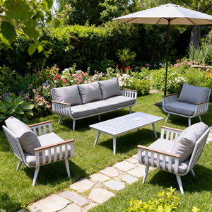 Ensemble de canapés d'extérieur modernes en aluminium avec accoudoirs en bois Mobilier de <span class=keywords><strong>jardin</strong></span> simple, double, triple siège pour le <span class=keywords><strong>salon</strong></span> ou l'hôtel - Product Image 1