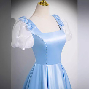 Blue Evening Gown Square Collar A-Line Satin Empire Waistline Formal Wear - Product Image 2