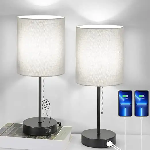 Amazon Living Room Bedroom Office Minimalist Modern Fabric Shade Table Lamps With Usb Charging Ports