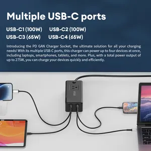 Vina Bộ Chuyển Đổi USB Cho Máy Tính Để Bàn 200W Pd Bộ Sạc Du Lịch Toàn Cầu Cổng Type-C 4 Bộ Chuyển Đổi Thông Dụng USB Bộ Sạc Gan 65W
