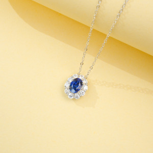 925 silver oval sapphire pendant, classic light luxury collarbone chain - Product Image 3