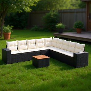 Conjunto de sofá de jardín de ratán blanco crema y negro con cojines, 10 plazas, muebles de exterior, diseño contemporáneo - Product Image 2