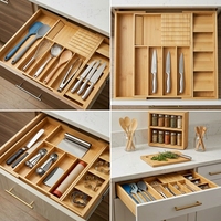 Boîte de rangement extensible pour ustensiles de cuisine en bambou GL avec porte-couteau Boîte de rangement pour couteaux en bambou