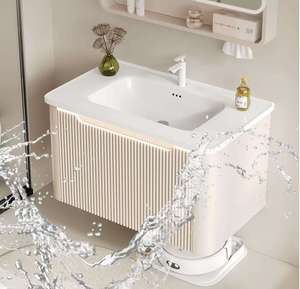 Mobile <span class=keywords><strong>Bagno</strong></span> Moderno Personalizzato a Parete con Finitura Crema, Armadietto a Specchio, Ripiano Aperto <span class=keywords><strong>e</strong></span> Doppie Luci LED per Uso <span class=keywords><strong>Bagno</strong></span> - Product Image 6