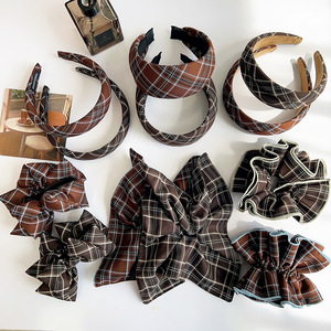 Mùa thu và mùa đông Retro cà phê màu kiểm tra kẻ <span class=keywords><strong>s</strong></span>ọc xếp li scrunchie Headband rộng cung công chúa Phụ kiện tóc ngọt ngào - Product Image 1