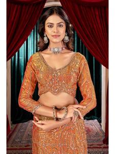 Wholesale Premium Heavy Fandy <b>Satin</b> Designer <b>Saree</b> with Artistic Heavy Beads Embroidery Work Matching Designer Blouse Wedding - Product Image 2