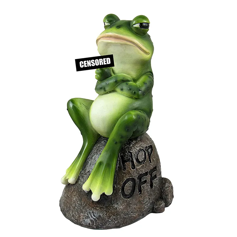 Indoor Outdoor Flip Off Frog On Stone Rock dengan Hop Off Pesan Jari Tengah Patung Kartun Pemarah