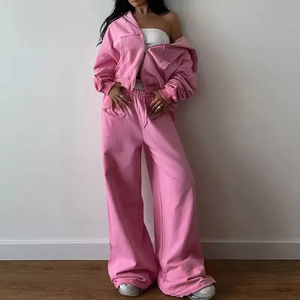 Automne hiver 2024 femmes vêtements survêtement survêtement ensemble Logo personnalisé 2 pièces Double fermeture éclair à capuche et pantalon de survêtement à jambe large ensemble - Product Image 2