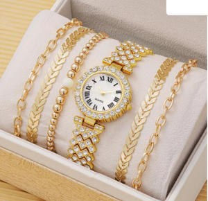 Conjunto de Joyería de Moda para Mujer, Chapado en Oro Romano, <span class=keywords><strong>con</strong></span> Zirconia, Reloj, Collar, Aretes, Anillo y Pulsera, 5 Piezas, para Boda - Product Image 5