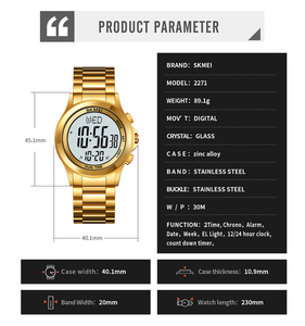 סיטונאי חדש 2271 skmei עמיד למים relojes hombre persalizado נירוסטה יוקרה דיגיטלי יוקרתי לגברים שעון זהב - Product Image 6