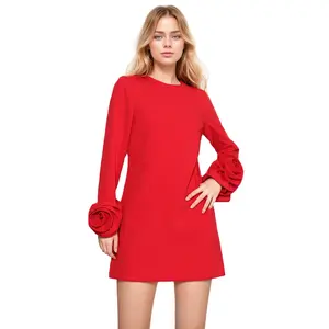 CHICEVER Lady Elegant Patchwork Appliques Party Dresses Long Sleeve Slimming Women Casual Dress