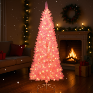Árbol de Navidad Artificial Rosa Preiluminado de 7.5 Pies con 350 Luces LED Cálidas, 700 Ramas, Base Desmontable, Enchufable, Uso en Interiores, Fácil de Instalar - Product Image 2