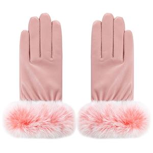 Guantes de cuero PU con puños de piel de conejo rosa y negro cálido con pantalla táctil para mujer - Product Image 2