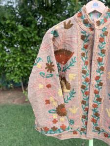 TNT Embroidered Knitted Floral Cotton Bomber <b>Jacket</b> <b>Women</b> Autumn/<b>Spring</b> Dusty Peach / Blush Pink (base Fabric) Brown - Product Image 5