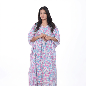 Women's Floral Print Maxi <b>Kaftan</b> Dress Sky Loose V-Neck Batwing Sleeve Cotton Bamboo Fiber Boho <b>Summer</b> Casual Dress - Product Image 1