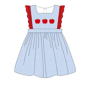 Robe de fille de retour à l'école avec broderie de pomme, jupe à carreaux bleue, robe de boutique - Product Image 1