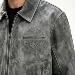 Giacca Bomber OEM da <span class=keywords><strong>Uomo</strong></span> in Ecopelle Lavata Vintage, Stile Workwear e Streetwear, con Zip, per l'Autunno - Product Image 4