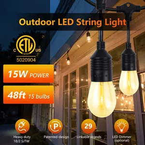 Fábrica patenteada design 18/2 SJTW pesados 48ft 15 pcs suspenso dimmable edison lâmpada ao ar livre S14 string luzes led