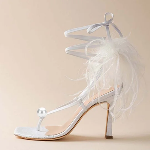 Elegantes Zapatos de Tacón para Mujer, Zapatos de Tacón de Aguja con Punta Abierta y Plumas <span class=keywords><strong>Blancas</strong></span>, Decoración de Perlas, Zapatos de Boda - Product Image 5