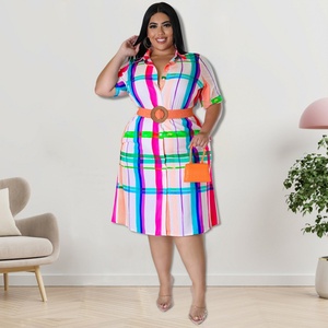 Robes d'automne grande taille de haute qualité 2025 pour femmes, robe chemise décontractée à manches courtes à carreaux imprimés, robe de bureau pour femme avec ceinture - Product Image 2