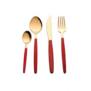 Highest Quality Stainless Steel <b>Gold</b> <b>Mirror</b> Polished Long Flat Red Handle Flatware Wedding Fork Knife and Spoon Cutlery Set - Product Image 1