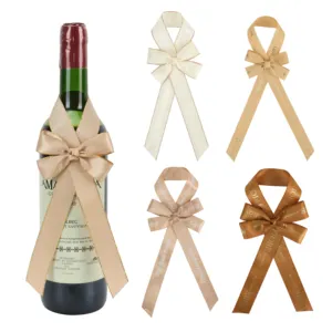 Custom Printed Luxury Satin Grosgrain Pre-tied Ribbon Bow Handmade Craft Neck Decoration Gold Color Packing Bow for Wine Bottle