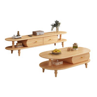 Ensemble table basse et meuble TV en bois massif de caoutchouc, durable et écologique, avec tiroirs de rangement ovales, mobilier de salon minimaliste