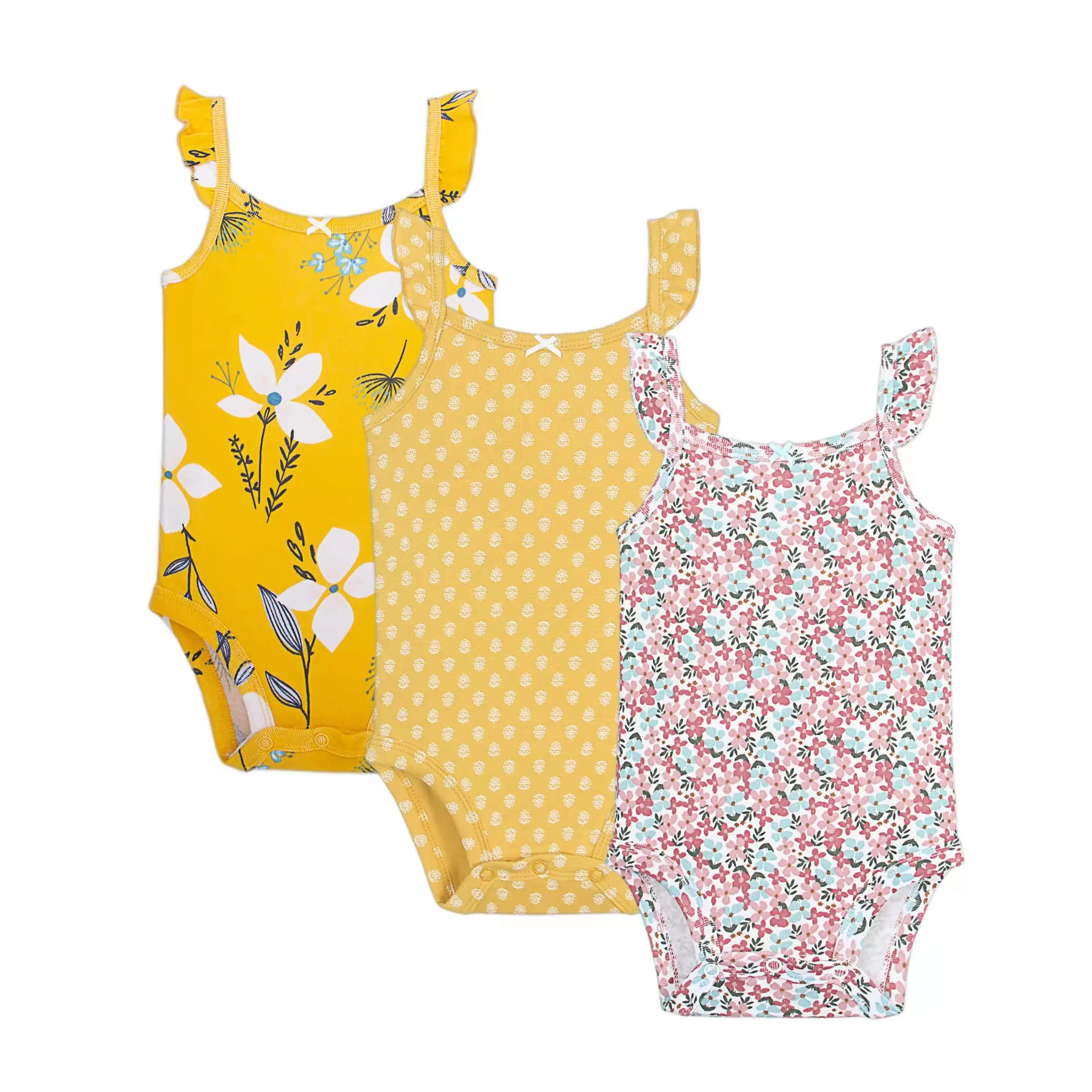 Boutique summer newborn bodysuit yellow flower print sleeveless girl 3 piece set baby clothes romper