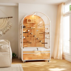 วิลล่าไม้เนื้อแข็งสุดหรูสำหรับนก: กรงกระจกใสขนาดใหญ่ป้องกันน้ำกระเซ็นสำหรับนกแก้วและนกมาคอว์ - Product Image 1