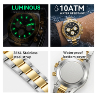 Montre automatique pour homme tendance, aiguilles lumineuses, acier inoxydable, chronographe de luxe, étanche, montres mécaniques pour homme