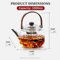 Théière en verre grande capacité résistante à la chaleur avec poignée en bois, fonction de chauffe, design à bouilloire unique pour cérémonie du thé au foyer