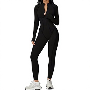 Combinaison moulante noire unie à manches longues et taille haute pour femme avec fermeture éclair, effet ventre plat, idéale pour le yoga - Product Image 1