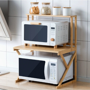 <b>Kitchen</b> Countertop Double Layer Microwave Rack Bamboo Solid Wood <b>Storage</b> Organizer Minimalist Design - Product Image 3