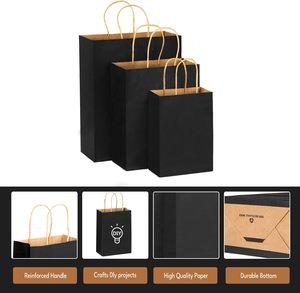 Bolsa de papel Kraft negra lisa con logotipo impreso personalizado al por mayor, embalaje reciclable con etiqueta privada, bolsas de papel para compras con logotipo - Product Image 4