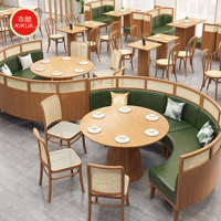 Banc de restaurant en cuir et bois pour café, fast-food, espace commercial, avec table et chaises intégrées